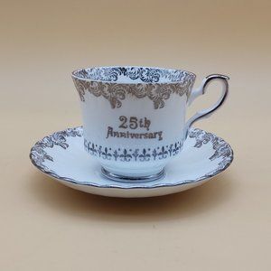 25th Anniversary Silver Filigree Tea Cup & Saucer by Royal Stafford